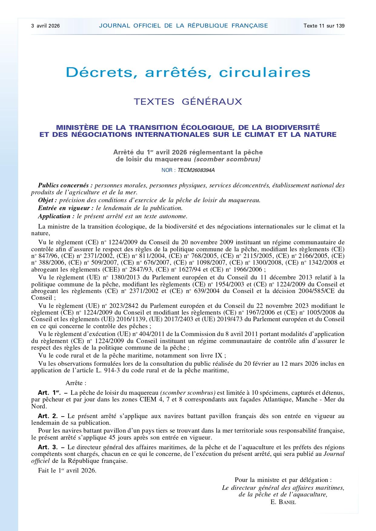 20260403 arrete du 1er avril 2026 reglementant la peche de loisir du maquereau page 0001
