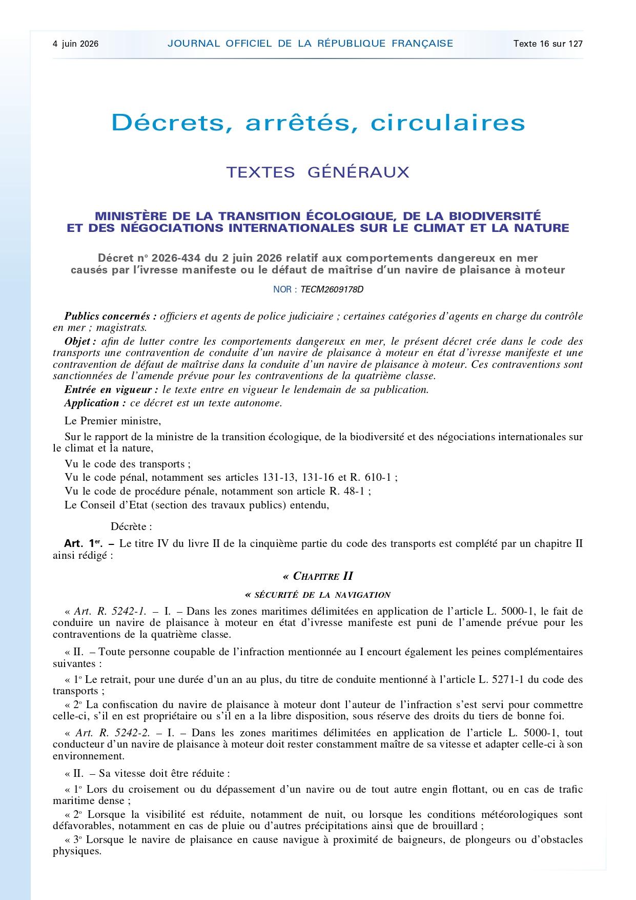 20260604 decret no 2026 434 du 02 06 2026 relatif aux comportements dangereux en mer cause par l ivresse 2 page 0001